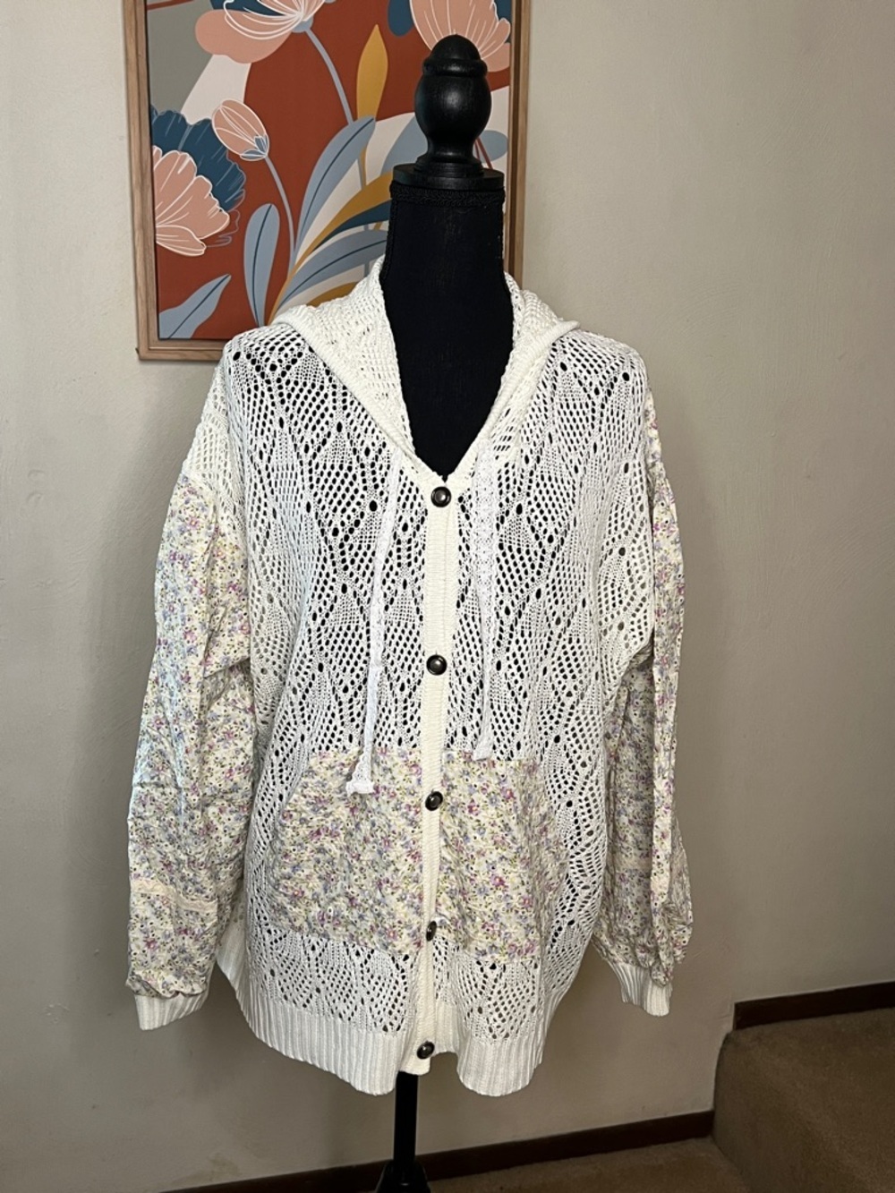 POL Floral Patchwork Crochet Hoodie Size M
